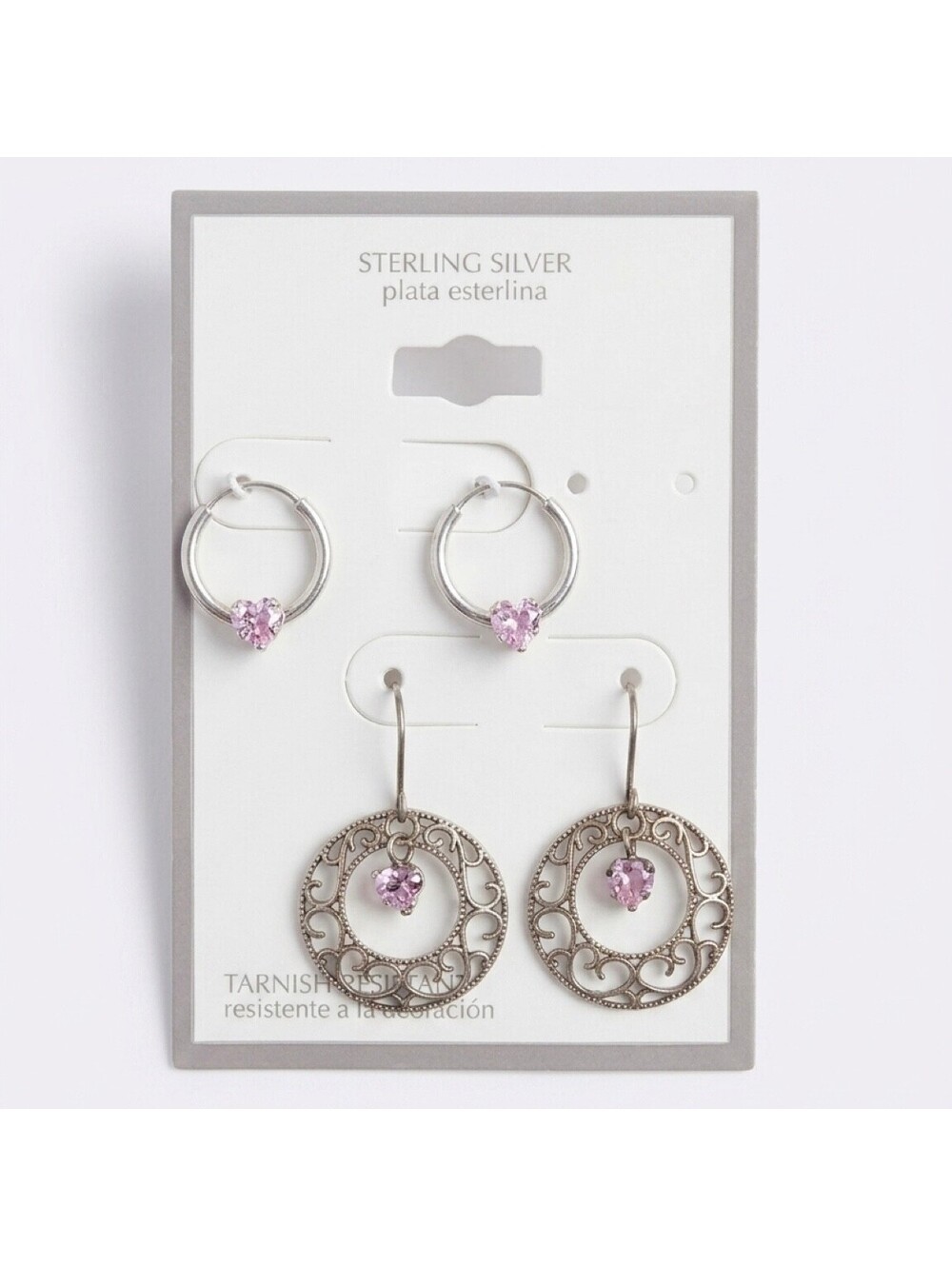 Sterling Silver Pink CZ Heart Earrings Set Hoops Filigree Dangles New